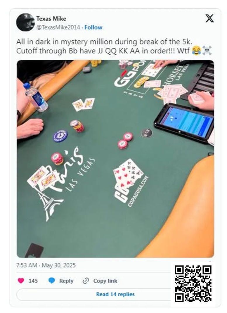 【GG扑克】WSOP的神奇时刻：Michael Moncek在盲注位全下，没想到身后有JJ、QQ、KK和AA