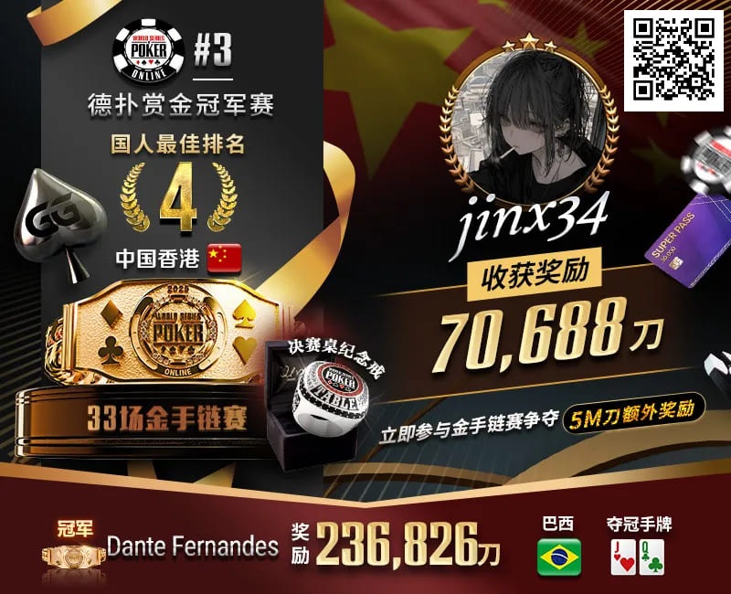【GG扑克】WSOP线上金手链｜茅人及斩获赏金赛冠军！中国香港选手“jinx34”夺#4第四名佳绩