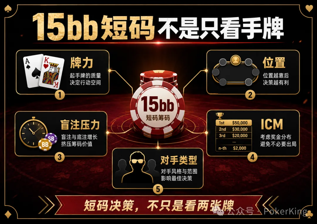 【GG扑克】决赛桌剩15bb拿到AK,推还是加注?短码决策不是看牌力,是看这五件事