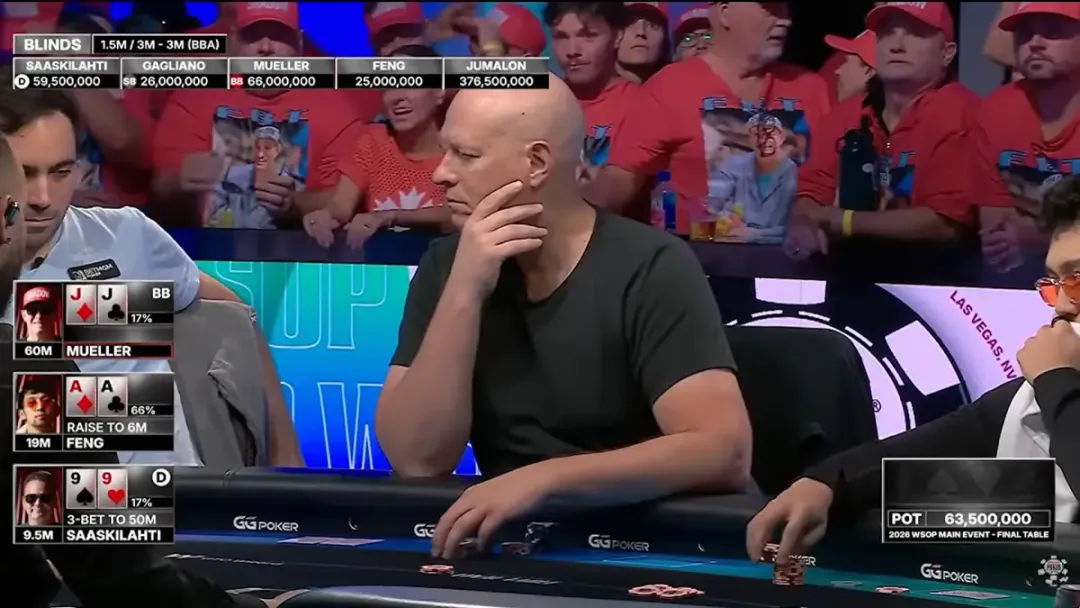 【GG扑克】决赛桌AA撞99,JJ为何秒弃?WSOP主赛第五名出局手牌深度解析